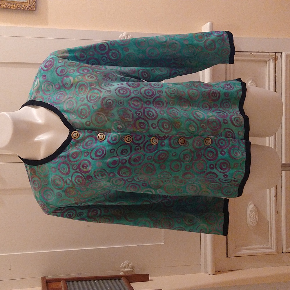 Very Vineyard jade and purple jacket style blouse Sz L